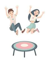 contento figli, ragazzo e ragazza salto su un' trampolino. vettore colorato illustrazione su bianca sfondo.