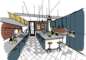 moderno cucina interno nel soffitta stile. mano disegnato colorato illustrazione. vettore