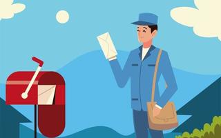 postino del servizio postale con busta e cassetta delle lettere in strada vettore