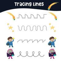 tracciato Linee attività per bambini. tracciato foglio di lavoro per bambini. educativo stampabile foglio di lavoro. vettore illustrazione.