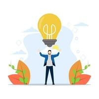 creatività per attività commerciale idea, sorprendente idea, pensiero e di brainstorming per nuovo idea o opportunità, carriera sentiero o obbiettivo risultato, uomo d'affari con grande idea leggero lampadina sopra testa. vettore. vettore