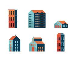 pacchetto di sei edifici blu minimal city set icone vettore