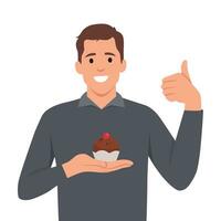 illustrazione di un' uomo d'affari con un' torta. allegro uomo d'affari Tenere un' torta su un' piatto e mostrando pollice su gesto. vettore