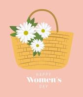 scritta felice festa della donna e cestino da picnic con tre fiori bianchi vettore