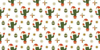 Natale cactus senza soluzione di continuità modello con cactus nel Santa cappello, stelle su bianca sfondo. tropicale Natale vettore design. inverno vacanza ripetere illustrazione per regalo involucro carta, sfondo, tessile.