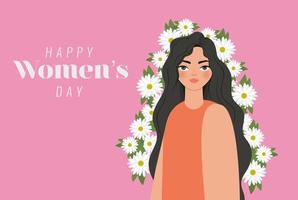 felice giorno delle donne scritte, donna con i capelli lunghi e fiori bianchi vettore