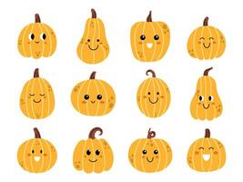 vettore carino Halloween o ringraziamento zucca impostare. collezione di kawaii contento Halloween zucche con arrossire. zucca con carino facce. divertente sorridente zucche impostato per Halloween o ringraziamento.