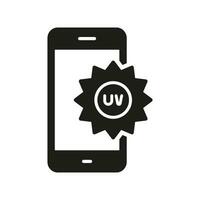 uv indice mobile App silhouette icona. ultravioletto radiazione livello glifo pittogramma. uso tecnologia per cura della pelle nel estate tempo simbolo. luce del sole smartphone applicazione cartello. isolato vettore illustrazione.