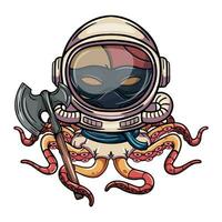 cartone animato personaggio di polpo cyborg astronauta con cosmonauta casco con guerra ascia nel il suo tentacolo. illustrazione per fantasia, scienza finzione e avventura i fumetti vettore