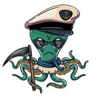 cartone animato personaggio il male marino Capitano polpo con un ascia nel il suo tentacolo. illustrazione per fantasia, scienza finzione e avventura i fumetti vettore