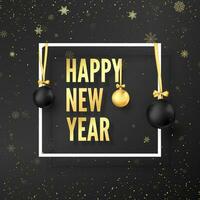 nuovo anno celebrazione. nuovo anno saluto carta. d'oro testo nel bianca telaio su buio sfondo con natale decorazione nero e oro palle. vettore illustrazione