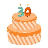 carino compleanno torta con ardente candele nel il modulo di numeri. dolce per celebrazione ogni anno di nascita, anniversario. stilizzato mano disegnato clipart di vacanza Cupcake nel il scandinavo stile vettore