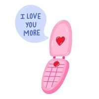 retrò telefono clipart con Messaggio bolla con lettering io amore voi di più. San Valentino giorno concetto. prefetto per etichetta, sociale media, manifesti, saluto carta. mano disegnato isolato vettore illustrazione