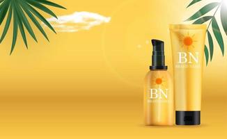 Bottiglia di crema di protezione solare realistica 3D su sfondo giallo soleggiato con foglie di palma. modello di progettazione del prodotto di cosmetici di moda. illustrazione vettoriale