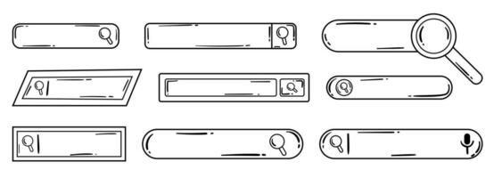 ricerca bar collezione nel mano disegnato scarabocchio stile. nero e bianca impostato di ricerca telaio con lente d'ingrandimento vettore