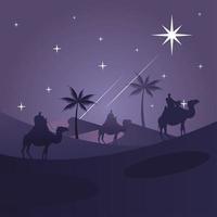 cartolina di buon natale felice con re magici nella scena di sagome di cammelli vettore