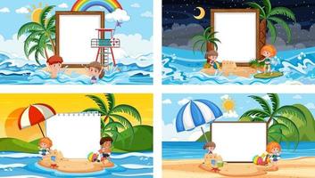 set di banner bianco in diverse scene di spiaggia tropicale vettore