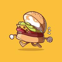 hamburger personaggio in esecuzione vettore illustrazione. veloce cibo, divertente, sport design concetto.