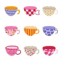 carino mano disegnato impostato di fatto a mano ceramica tazze con colorato modelli. diverso tè tazza e caffè boccale per scandinavo cucina. vettore clipart di mattina stoviglie, cartone animato tazza porcellana vasellame