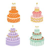 impostato di carino compleanno torta con ardente candele. dolce per celebrazione, anniversario, nozze. stilizzato vettore illustrazione di vacanza cupcake. di moda mano disegnato clipart nel il scandinavo stile