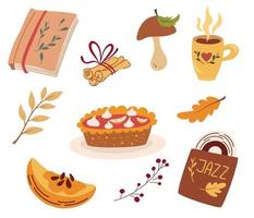 accoglienti elementi autunnali. torta di zucca, disco jazz, bevanda calda, bastoncini di cannella, foglie autunnali e bacche. idea di intimità e stile di vita confortevole, umore invernale e autunnale. simpatiche illustrazioni vettoriali. vettore