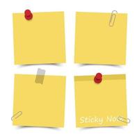 note adesive di colore giallo design piatto con spilla rossa, nastro adesivo e graffetta su sfondo bianco. vettore. vettore