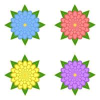 set di fiori rossi, viola, gialli, blu con foglie verdi, isolati su sfondo bianco. quattro opzioni. adatto per il disegno. vettore