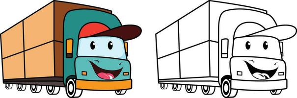 contento traslocatori camion, in movimento camion cartone animato portafortuna vettore illustrazione, in movimento camion con un' Sorridi viso logo concetto portafortuna vettore Immagine