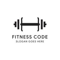 fitness codice logo design modello. combinazione fra è peso sollevamento attrezzatura o manubrio con simbolo di tecnico. monocromatico con nero e bianca colori. vettore