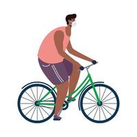 giovane uomo afro che indossa una maschera medica nel personaggio della bicicletta vettore