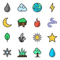 impostato di 16 natura colore linea icone. ecologia icona, nube, terra, fulmine, icona impostare, acqua, ecologia, natura, foglia, fuoco e sole vettore