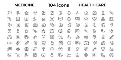 medicina e Salute cura piatto icone. minimo magro linea ragnatela icona impostare. schema icone collezione vettore