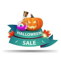 vendita di halloween, striscione verde a forma di nastro con jack zucca e pozione della strega. banner web di sconto per halloween isolato su sfondo bianco vettore
