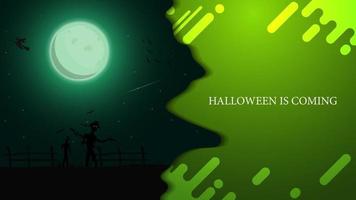 Halloween sta arrivando, moderna cartolina di auguri verde con un bellissimo paesaggio notturno e il calderone della strega vettore