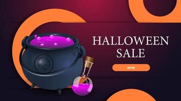 vendita di halloween, banner web volumetrico moderno rosa con calderone della strega con pozione vettore
