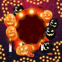 buon halloween, modello quadrato viola con palloncini Helloween, zucca jack e ghirlanda. modello elegante per la tua creatività vettore