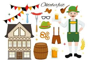 impostato di contento oktoberfest Festival elementi vettore illustrazione con birra, salsiccia, botti, Germania bandiera e Di Più cartone animato sfondo design modelli
