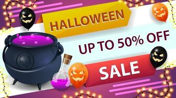 vendita di halloween, banner sconto orizzontale con palloncini e ghirlanda di halloween. banner sconto con fino a 50 di sconto vettore