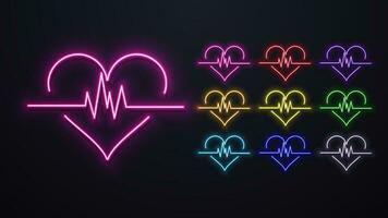 un' impostato di neon cuore icone con un' cordiogramma nel luminosa colori. logo per medicinale. vettore