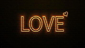 un' luminosa, neon, arancia cartello su il sfondo di un' mattone parete di amore con un' cuore. vettore