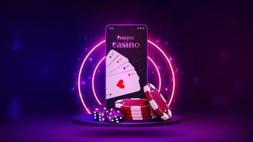 un' concetto per un' sito web con un' smartphone con patatine fritte, dado e poker carte su un' podio con un' luminosa viola neon telaio. mobile Telefono su il piattaforma. vettore