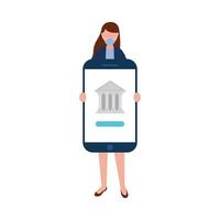 avatar donna con maschera smartphone e disegno vettoriale banca