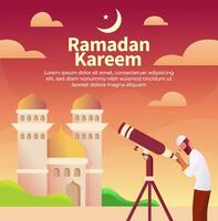 Ramadan Karrem vettore design. musulmano ricerca hilal a cielo per inizio digiuno di il islamico santo mese