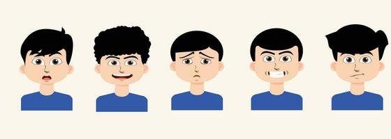 impostato di bambini emozioni. facciale espressioni. cartone animato ragazzo avatar. vettore