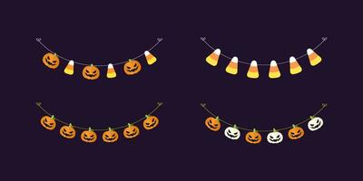 carino Jack o lanterna zucca e caramella Mais ghirlanda impostato per Halloween. semplice trucco o trattare bandiera sospeso festa arredamento vettore elemento.