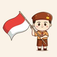 indonesiano esploratore ragazzo Tenere bandiera carino kawaii chibi personaggio illustrazione vettore