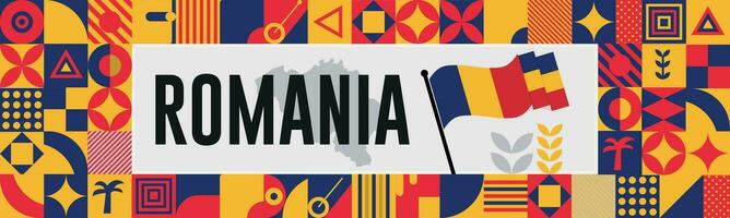 Romania nazionale giorno bandiera con carta geografica, bandiera colori tema sfondo e geometrico astratto retrò moderno nero giallo blu rosso design. astratto moderno design. vettore