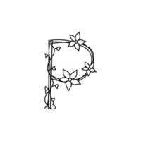 vintage floreale grassetto lettera p logo primavera. classici vettori di design di lettere estive con colore nero disegnati a mano con fiori di linea monoline