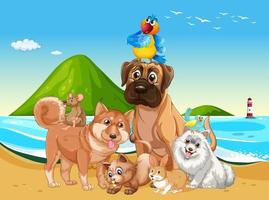 scena all'aperto in spiaggia con un gruppo di animali domestici vettore