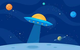 manifesto con volante piattino e pianeti. spazio. pianeti, stelle e comete nel cartone animato stile. vettore illustrazione.